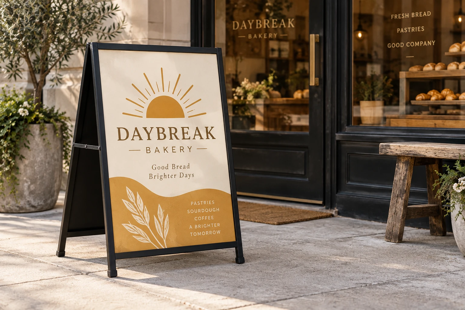 AI-generated concept: DAYBREAK BAKERY sidewalk A-frame sign