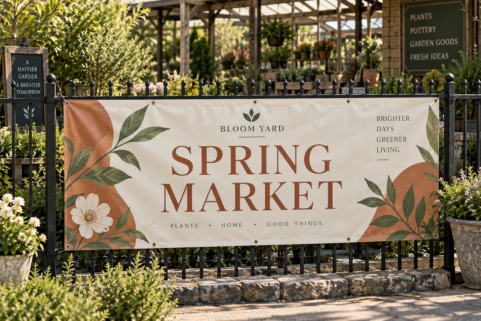 AI-generated concept: BLOOM YARD outdoor vinyl banner with grommets