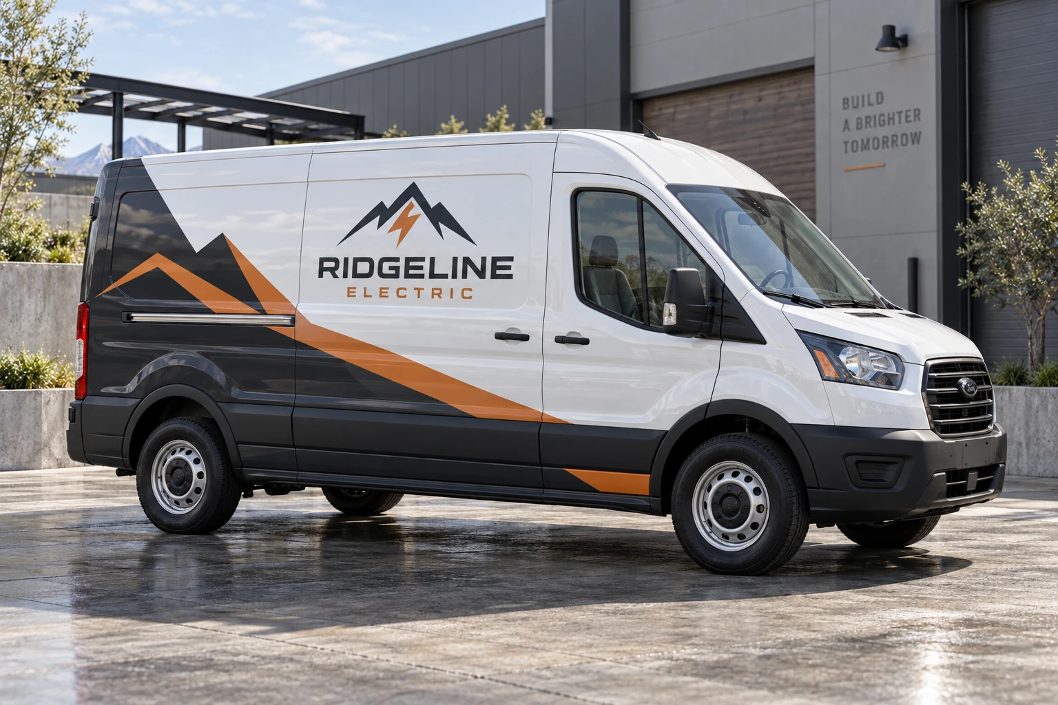AI-generated concept: RIDGELINE ELECTRIC commercial van graphics with clear windows