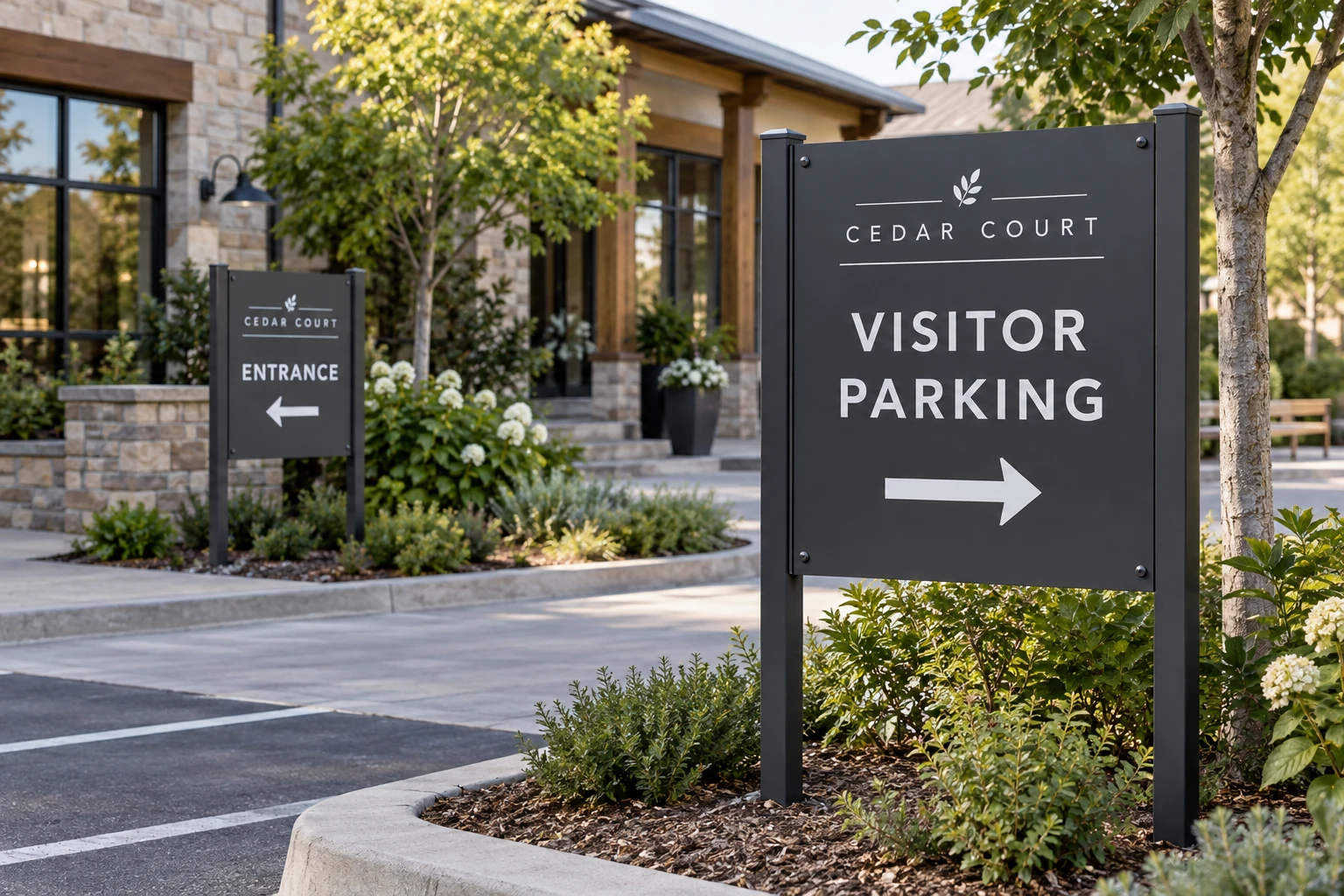 AI-generated concept: CEDAR COURT directional and parking signage
