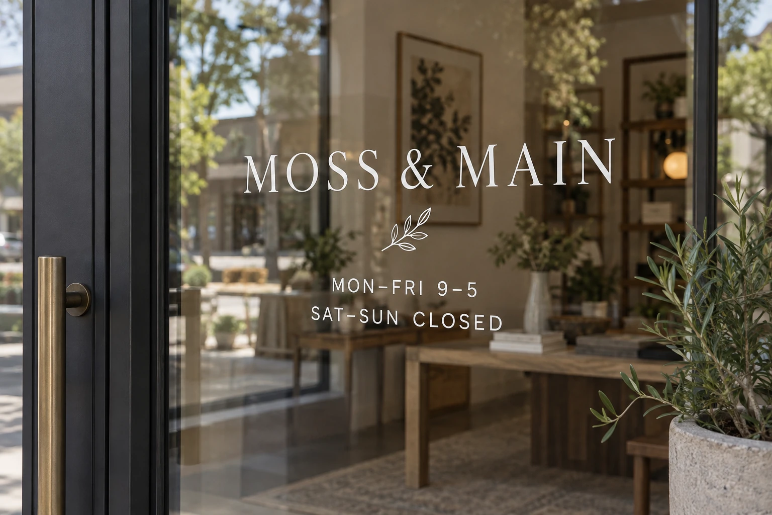 AI-generated concept: MOSS & MAIN business-hours window lettering