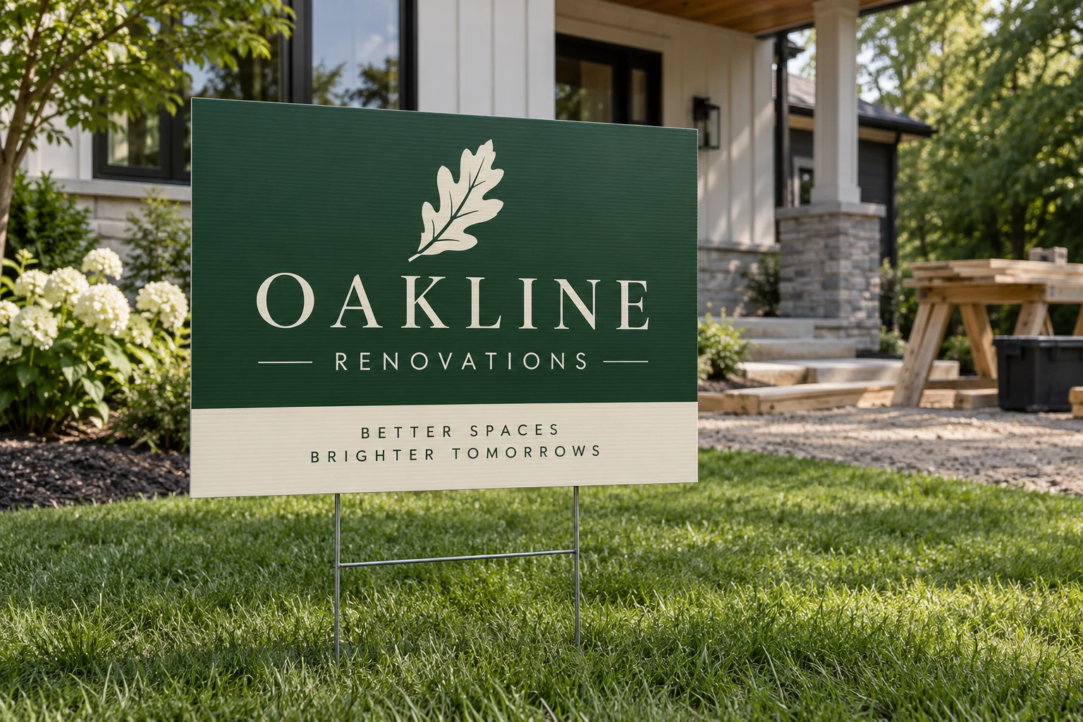 AI-generated concept: OAKLINE RENOVATIONS corrugated lawn sign