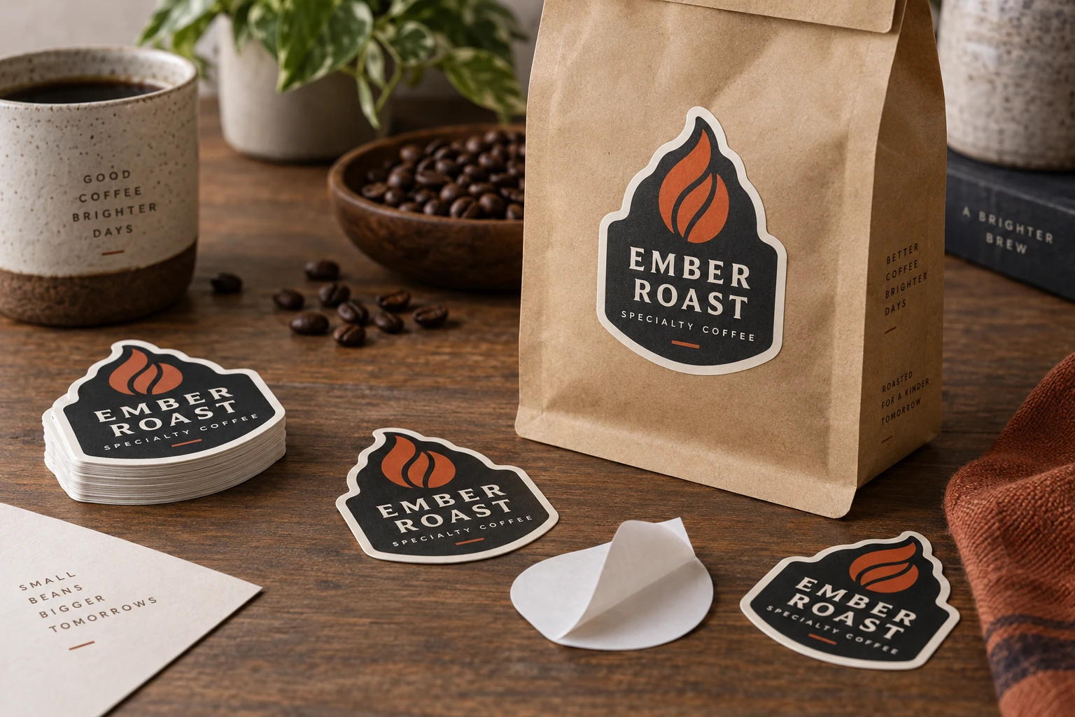 AI-generated concept: EMBER ROAST custom die-cut logo stickers
