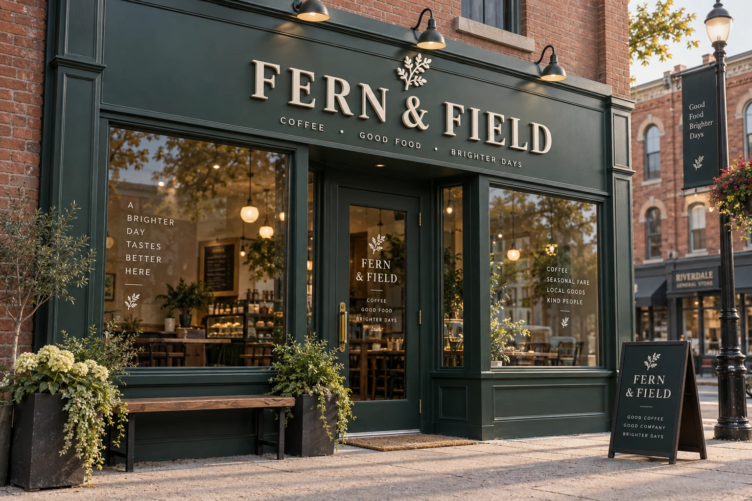 AI-generated concept: FERN & FIELD storefront sign and coordinated entrance graphics