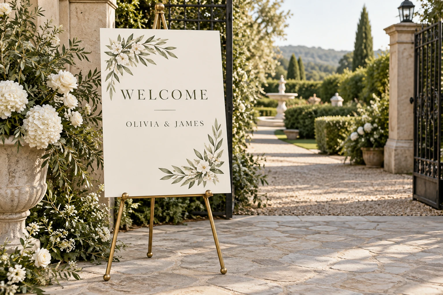 AI-generated concept: OLIVIA & JAMES botanical wedding welcome sign