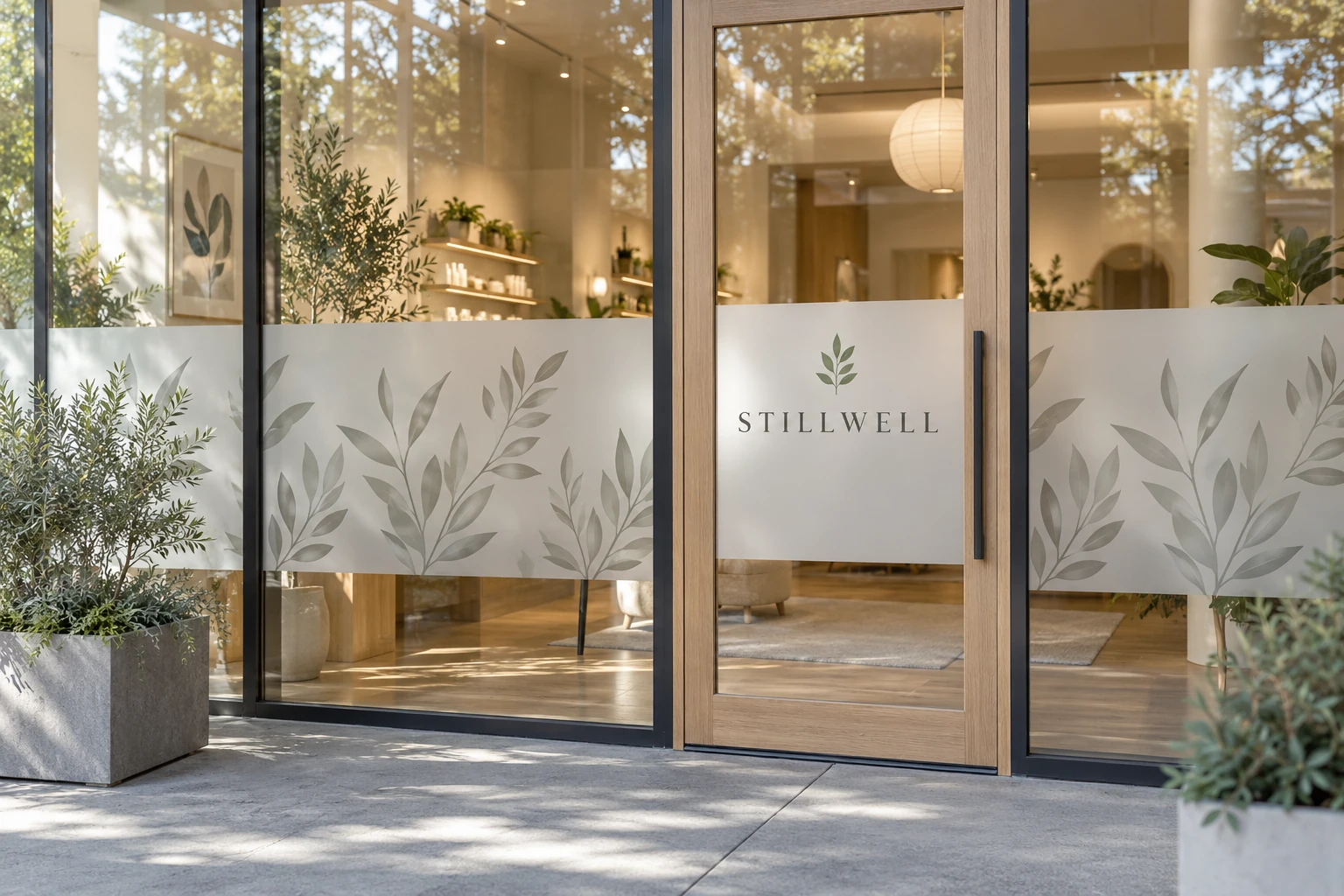AI-generated concept: STILLWELL frosted botanical window graphics
