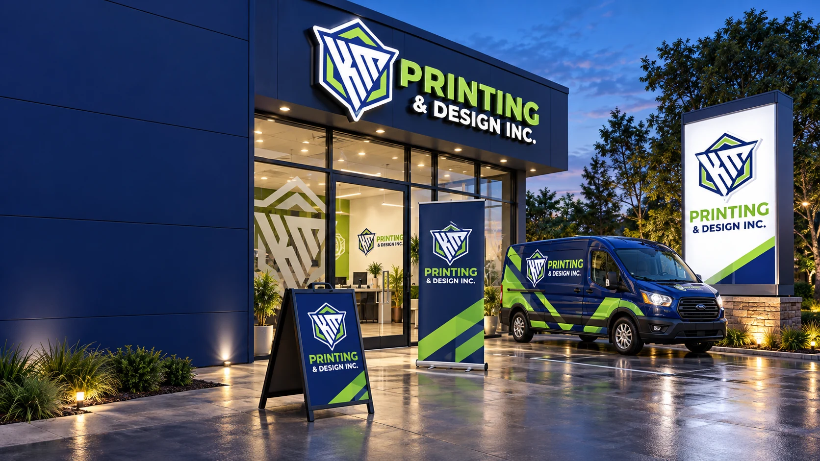 Illustrative KM branded illuminated storefront sign, window graphics, monument sign, banner, A-frame and wrapped van