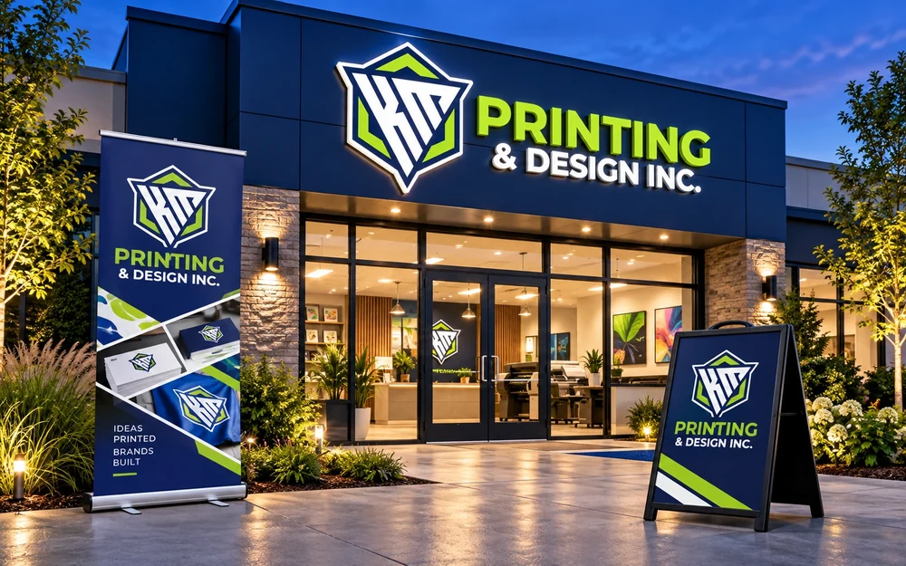 KM design concept: illuminated storefront signage, retractable banner and A-frame sign
