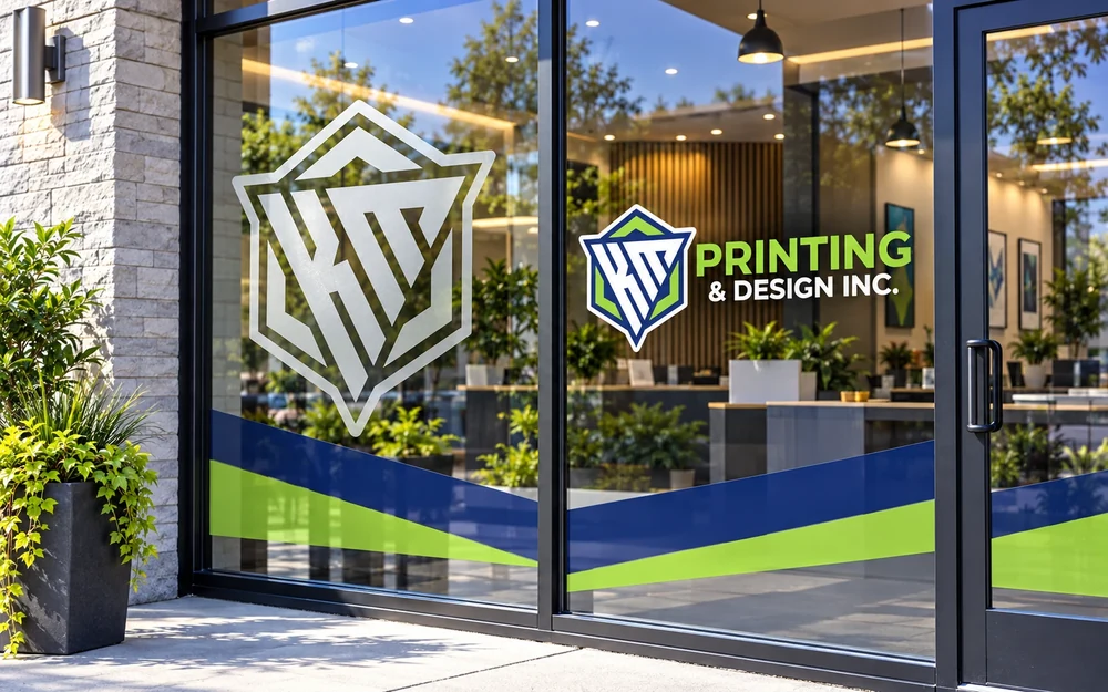 KM design concept: frosted logo and navy and lime storefront window vinyl